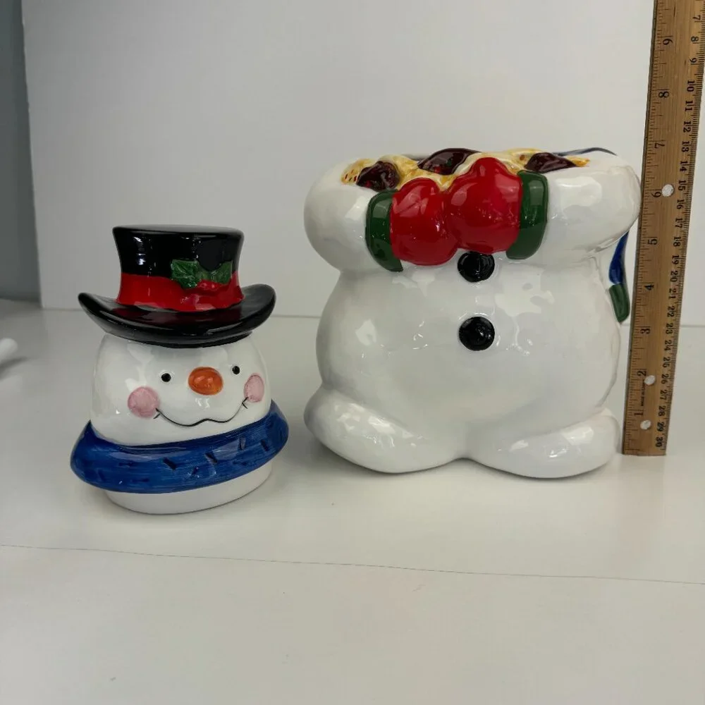 Vtg 90s Snowman Holding‎ Cookies Cookie Jar w Lid Storage Orig Box Crazing READ